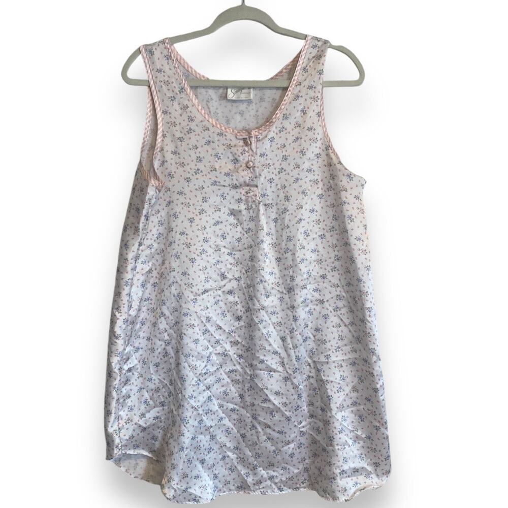 Women Vintage 80s Samye Pearlescent Floral Satin Sleeveless Nightgown Size M